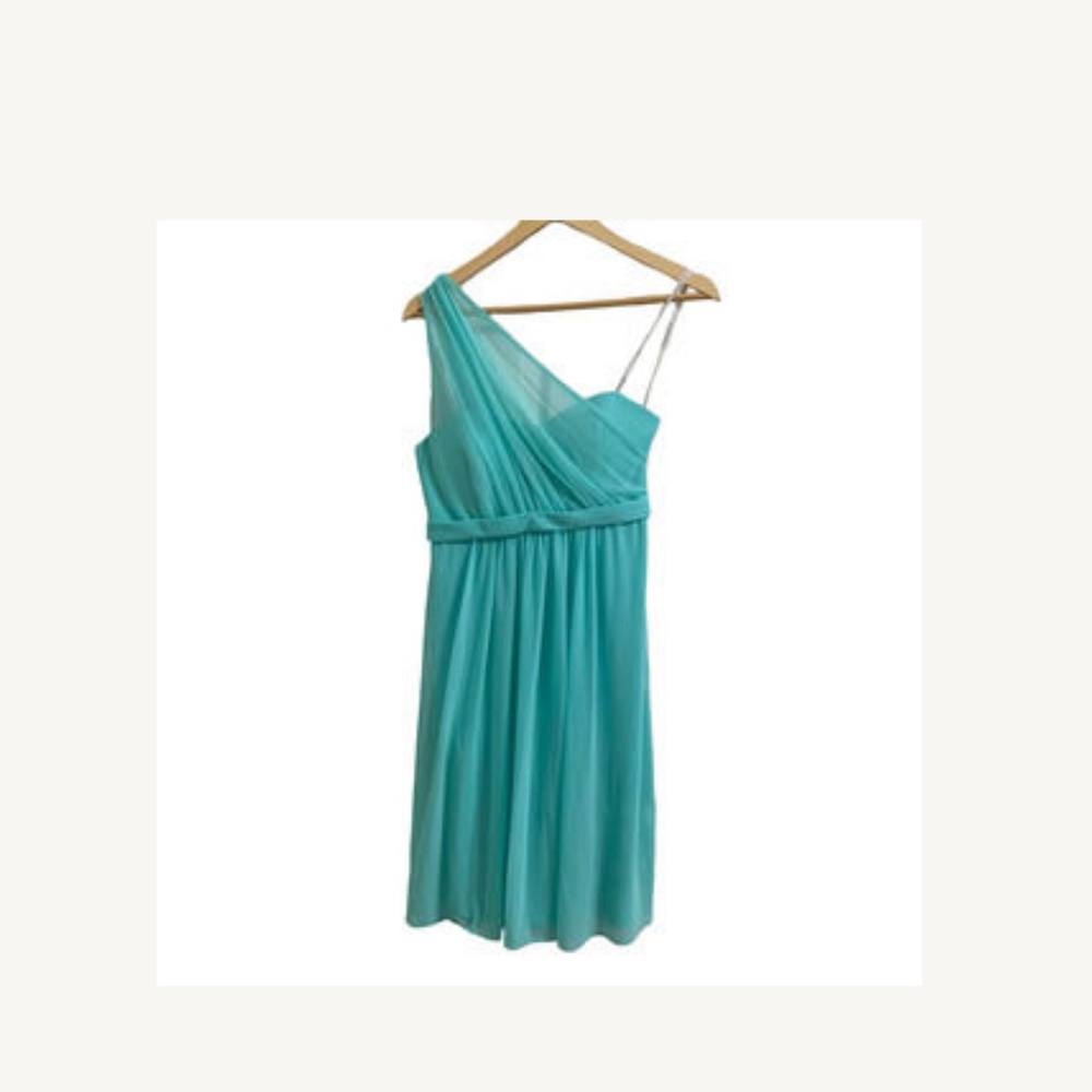 David’s Bridal One Shoulder Short Dress with Illusion Neck Teal Size 4 F15607